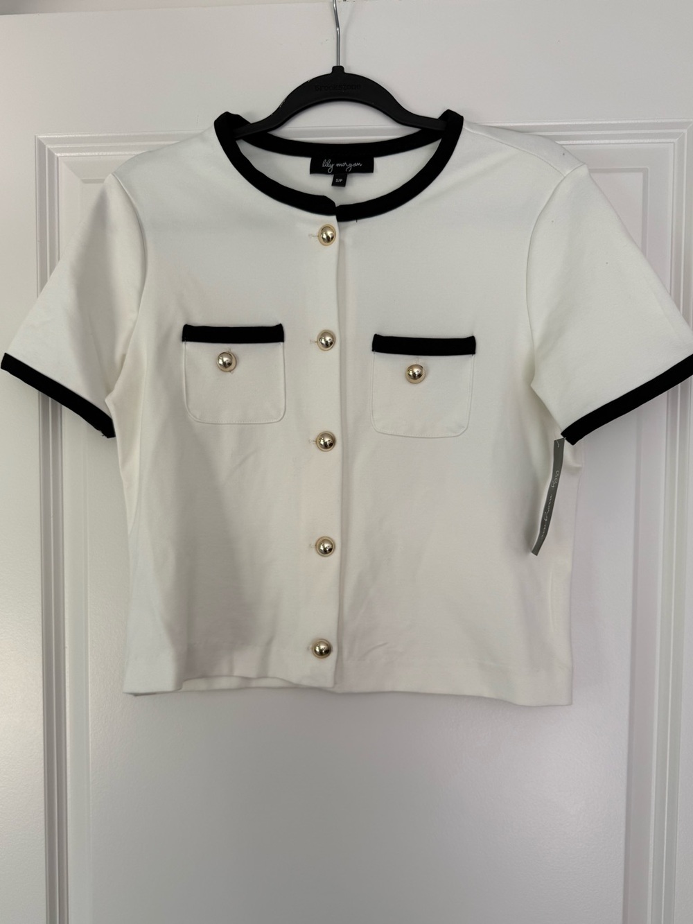 Classic White Short Sleeve Button-Down with Black Trim